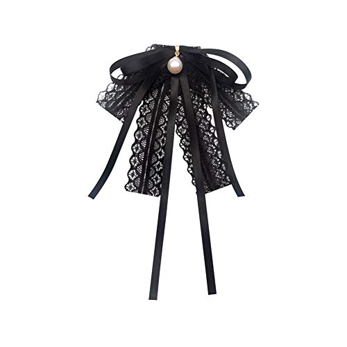 Image of Lace Ribbon Bow Tie Brooch Rhinestone Pearl Necktie for Girl Women Fashion jabot collar brooch pins Pre-Tied Corsage