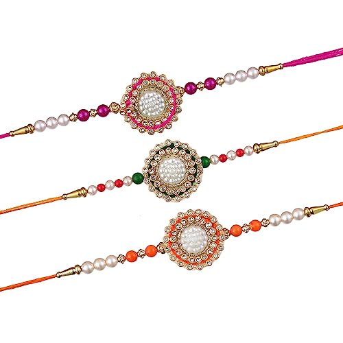 Image of eCraftIndia Set of 3 Rakhi Combo Hamper | Om Krishna Peacock Feather Lord Ganesha Silver Religious Designer Rakhis | Roli Chawal Pack