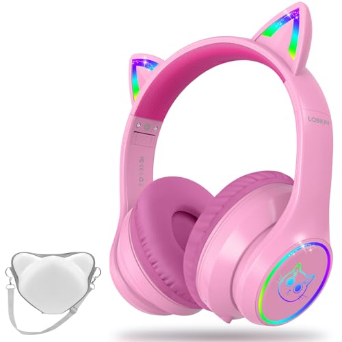 Image of LOBKIN Bluetooth 5.3 Kids Headphones with Case - RGB LED Light Up Cat Ears Foldable Adjustable Over-Ear Headset Support Wireless or 3.5mm Wired Mode for Toddler & Girls & Boys Teens (Rose Red)