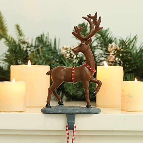 Wbhome Christmas Stocking Holder Set Of 4, Reindeer & Red Santa's Sleigh Pattern Hanger For Fireplace Mantel Or Shelf, Adjustable Multi-Use Stocking Hooks For Christmas Party Decorations #TOP5