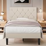VECELO Twin Size Bed Frame with Button Tufted Headboard, Upholstered Platform Bedframe with Wood Slat Support, No Box Spring Needed, Beige