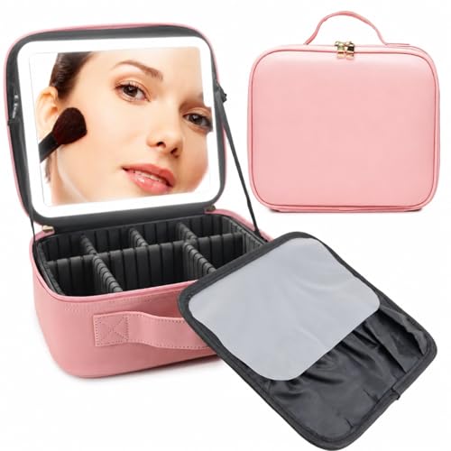 Kit Maleta de Maquiagem Completa com Espelho Luz LED Paleta Porta Pincéis e Zíper Duplo (Rosa)