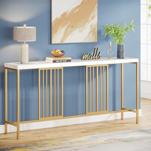 Priti Extra Long White & Gold Console Table 70.9 Inch Narrow Console Table for Entryway, Skinny Couch Table Sofa Table, White Gold Sofa Table Entryway Console Table for Living Room