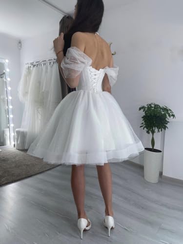 Off Shoulder Short Wedding Gowns Puffy Sleeves Wedding Dresses for Bride Tulle Prom Homecoming Dress2