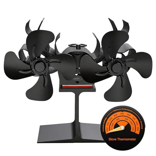 TVOOD Log Burner Fan Silent Motors Energy-Free 8 Blades Wood Burning Stove Fan Heat Powered with Magnetic Thermometer Wood Burner Fans for Efficient Heat Distribution