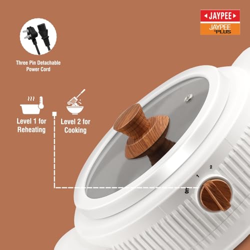 Image of Jaypee Plus Electric CookSmart Casserole with Teflon NonStick Coating Bowl for Reheating & Cooking, Serving Casserole Wooden Finish Lid & Regulator Knob Toughened Glass Lid, 2000 ml, White