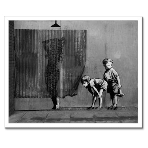 Cadre noir Banksy Shower Peeping pour salon moderne