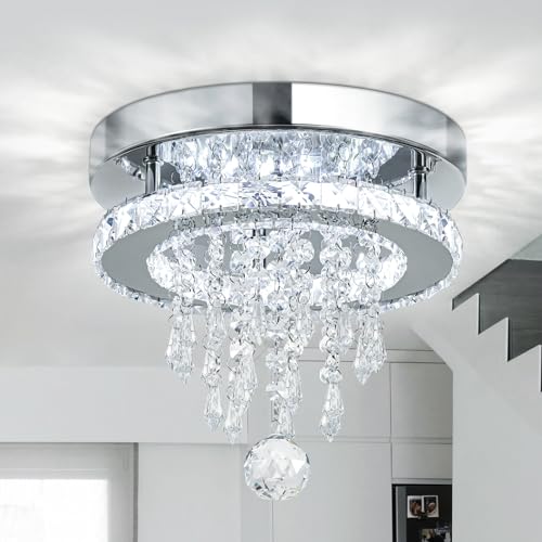 XEMQENER 25cm LED Ceiling Light Crystal Chandeliers, Modern Flush Crystal Ceiling light, Round Cool White Mini Crystal Chandelier with Clear K9 Crystals for Hallway Dining Room Kitchen Bedroom