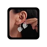 TseenYi Pendientes de gancho de corazón de plata, aretes colgantes de corazón bohemios, aretes tribales vintage, joyería para mujeres y niñas