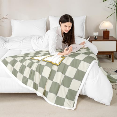 Image of Erosebridal Sage Green Checkered Fleece Blanket Queen 90 inchx90 inch Plaid Initial A Sherpa Blanket Personalized Monogram Fuzzy Plush Throw for Kids Boys Girls,Fashion Grids Gingham Decor for Bed Couch