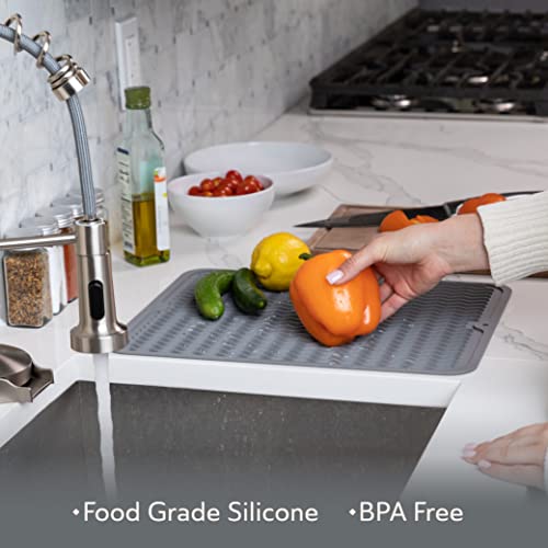 Oizeir Silicone Dish Drying Mat - Drain Hole, Non-Slip, Heat Resistant, Foldable. Great for Dishes, Kitchen Sink, Counter Top, Fridge Drawer Liner or Trivet for Hot Pots. (12" X 16" | Grey)