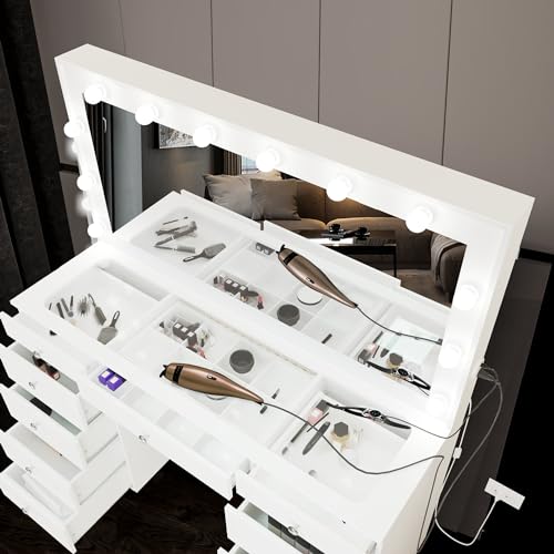 Boahaus Anaisa Extra Large Makeup Vanity, Large White Vanity Mirror with Lights Built-in, Glass Top, Makeup Vanity with 11 Drawers, Power Outlet, USB Ports, Basic Knobs,61.02\'\'Hx56.3\'\'Wx20.08\'\'D - Thumbnail 5