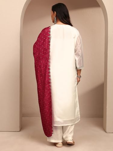 Image of Plus Size Embroidered Organza Straight Kurta With Trouser and Dupatta