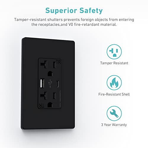 Webang Usb Wall Outlet, Charger Outlet With 5.0 Amp Type A & Type C Usb Ports, 20A Duplex Tamper Resistant Receptacle, Screwless Wall Plate Included, Etl Listed, Black, 6 Pack #TOP3