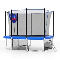 COSTWAY Outdoor Trampoline, 10FT x 8FT Rectangle Trampoline with Basketball Hoop, Soccer Goal, Storage Bag, Safety Enclosure Net and Ladder, Recreational Trampolines for Toddlers & Adults (Blue)
