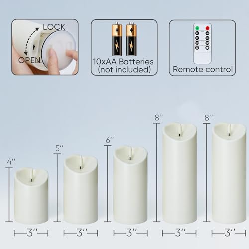 Image of Homemory Outdoor Waterproof Flameless Candles, LED Candles, Battery Operated Candles with Remote and Timers, Electric Fake Plastic Pillar Candles, Ivory White, D3 H4 5 inch 6 inch 8 inch 8 inch, Set of 5