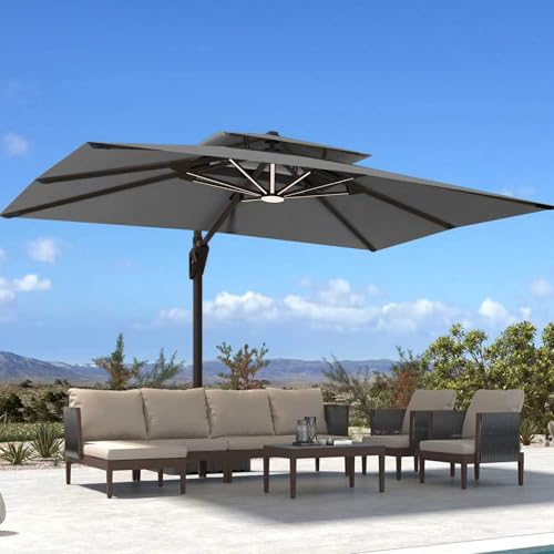 Image of 10' X 13' Patio Umbrella with Weighted Base and LED Lights Outdoor Cantilever Large Rectangle Offset Umbrellas Heavy Duty Aluminum Double Top with 360-degree Rotation for Pool Garden Deck, Grey