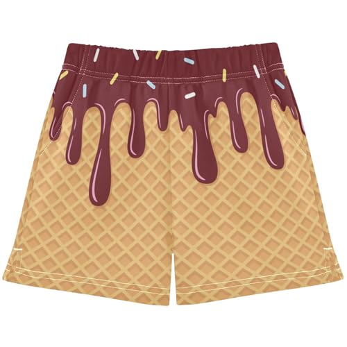 Dallonan Girls Casual Shorts Brown Red Ice Cream Cone Kids Athletic Gym Shorts Elastic Waist with Pockets Summer Sports Homewear 7-15Y
