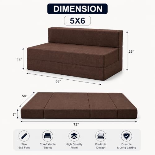 Image of Three Seater Sofa Cum Bed 5x6 Ft with Soft Foam Cushioning, Comfortable Foldable Sofa Bed for Living Room, Bedroom, Guest Room & Office(Brown)