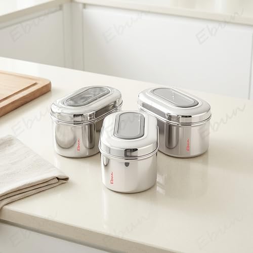Image of Ebun Stainless Steel Top See Through Containers | Stainless Steel Container with Lid | Capsule Shape Steel Kitchen Containers Set | Steel Airtight Container | 500 Gms Capacity Approx | Pack of 3
