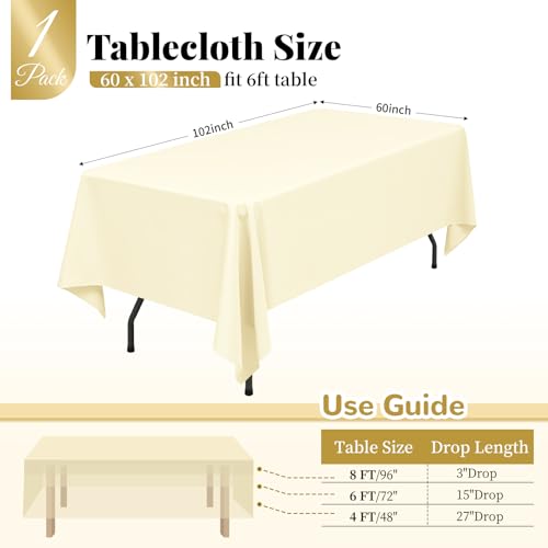 Lumaycens 1 Pack Beige Polyester Tablecloths,60 x 102 Inch for 6ft Rectangle Table Cloth Washable and Reusable Stain and Wrinkle Resistant for Wedding Party Banquet Camping Restaurant Decoration - Image 2