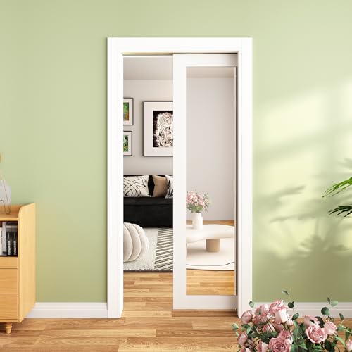 JUBEST Pocket Door 30"x80", 1-Panel Mirrored Sliding Pocket Door with