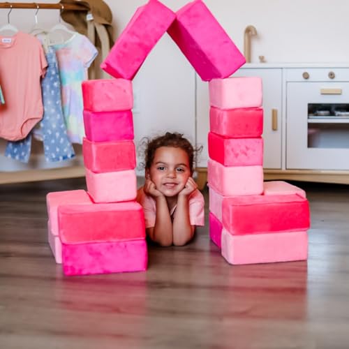 Image of The Original Premium Plush Building Block for Kids - Certified Safe Foam Blocks in Luxuriously Soft Fabric Covers (Pretty Pink, Blocks)