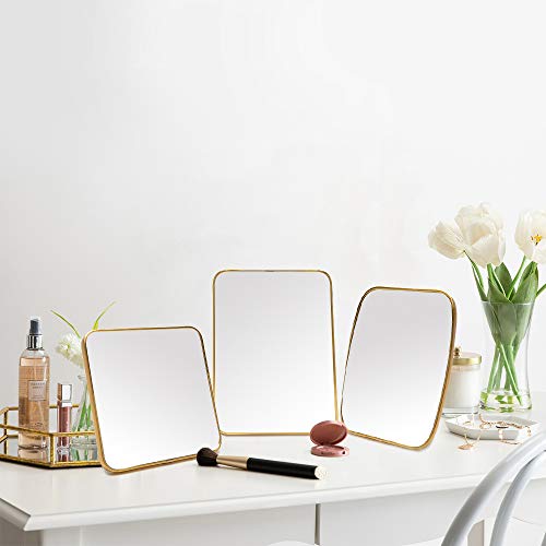 Yeake Desk Table Stand Mirror For Make Up,Gold Hanging Wall Mirror Office With Metal Frame & Simple Bracket Can Be Assembled.(Rectangle) #TOP6