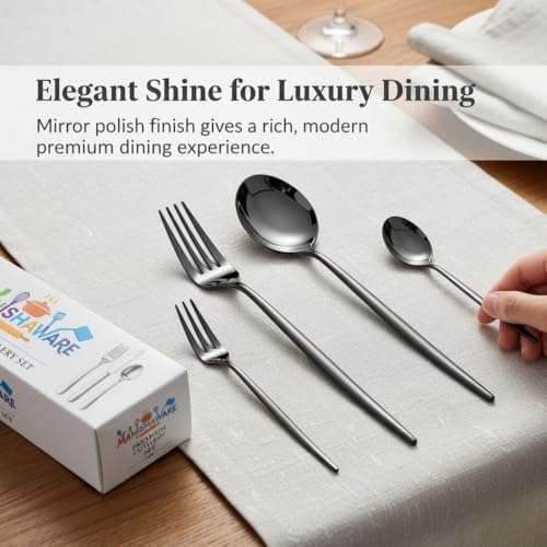 Image of Classic Black 20 Pcs Stainless Steel Cutlery Set for Dining Table, Dishwasher Safe Glossy Flatware (Perfect Spoon Fork Set)