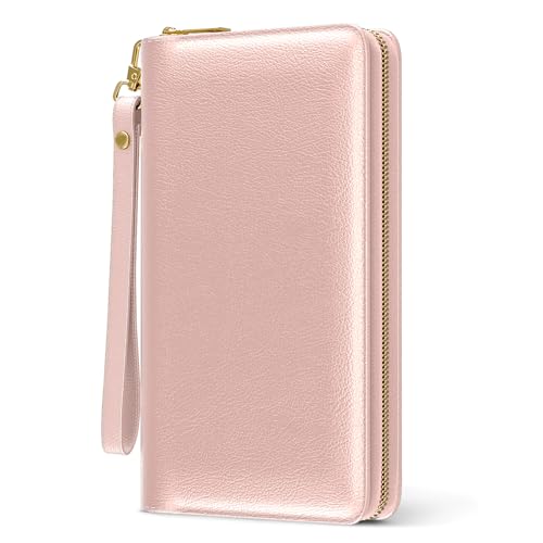 Image of Nipichsha Womens Wallet, RFID Wristlet Wallet for Women, Cute Ladies Purse, Large Credit Card Clutch Purse, Leather Card Holder Wallets with Zipper & Phone Holder, Pink