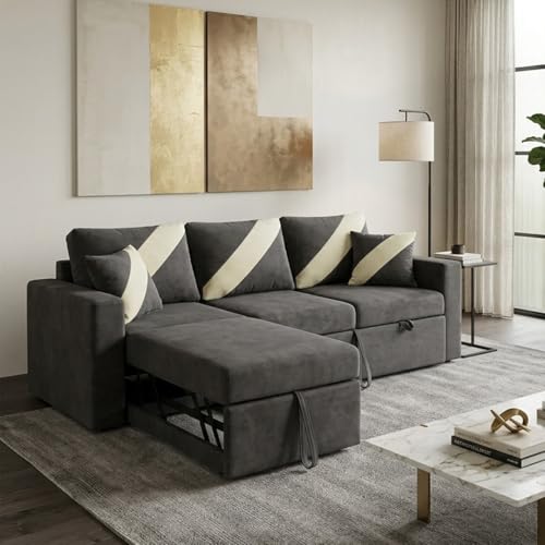 Image of FURNY Trivia 4 Seater LHS Lounger Sofa Cum Bed (Dark Gray) with Pull-Out Function | Luxury Velvet Suede Finish | Durable Comfort | Ideal for Living Room