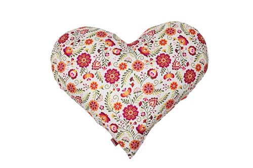 POWER INN Herzkissen groß ca. 50x43cm | Geschenk zur Hochzeit Muttertag oder Valentinstag | Dekokissen und Kuschelkissen in Herzform | Stoff 100% Baumwolle | (Weiß mit rot orangen und rosa Blumen)