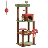 PETEPELA 56.3 Inches Mushroom Cat Tree Tower with Cute Mushroom Cat Scratching Board, Cat Condo, Extra Large Hammock and Plush Perches, Brown