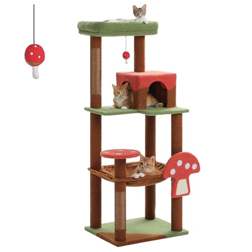 PETEPELA 56.3 Inches Mushroom Cat Tree Tower with Cute Mushroom Cat Scratching Board, Cat Condo, Extra Large Hammock and Plush Perches, Brown