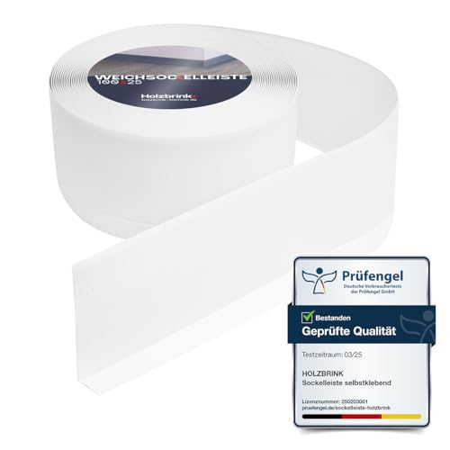 HOLZBRINK Weichsockelleiste PVC 100x25mm, 5 m | Wandleiste ohne Klebestreifen für Küche, Garage, Flur | Wandabschlussleiste PVC | Farbe: Weiß