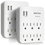 [2 Pack] BESTTEN 6-Outlet Wall Surge Protector (450 Joules), Multiple Outlet Extender with 2 USB Charging Ports (2.4A/Port, 3.1A Totally), ETL Certified, White