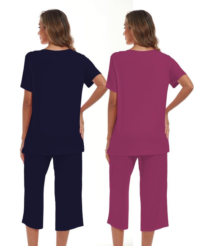 COLORFULLEAF Damen Schlafanzug Kurzarm Pyjama Set aus Bambus Zweiteiliger Kurzarm Nachtwäsche und Schlafanzug 3/4 Hose