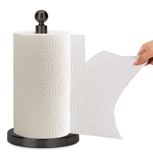 Kalitro Paper Towel Holder Countertop, Standing Paper Towel Roll Holder for Kitchen Bathroom, with Weighted Base for One-Handed Operation, No Wobbly (Stainless Steel Base, Black)
