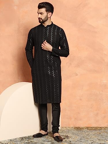 Image of KISAH Men Black Kurta, Cotton, Full Sleaves, Knee Length, Straight, Regular Fit, Mandarin Collar Ethnic Wear, 40