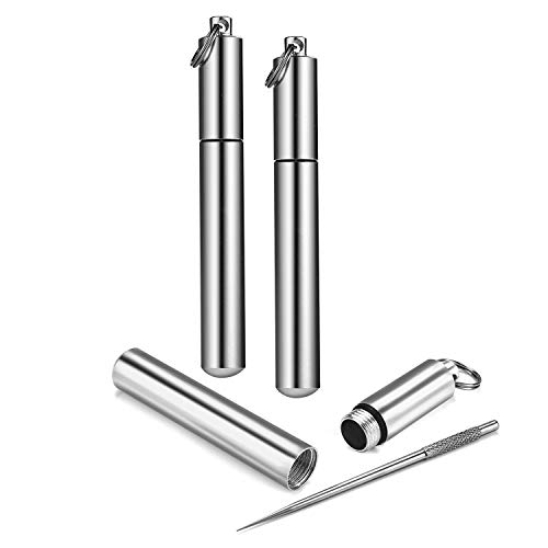 2 Stück Tragbar Zahnstocher + 2 Stück Portable Metall Zahnstocher Halter -Titan Multifunktionszahnstocher-Wasserdichter Leichten Zahnstocherhalter Schlüsselanhänger Outdoor Camping Business Cover