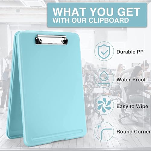 Image of YAJNAS A4 Foldable Plastic Clipboard with Built-in Storage and Pen Holder, Blue, 9.4 x 13.4 Inches / 24 x 31 cm, for Office, Travel, Students, Teachers, Doctors, Nurses, Professionals (Sky Blue)