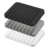 Hzyxgs Self Draining Soap Dishes, 3 Pcs Silicone Soap Saver, Waterfall Drainer Soap Holder for Bathroom and Kitchen Sink Organizer, Dish Soap Tray(White, Gray, Black)