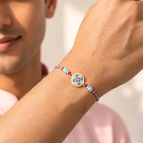 Image of Peora Rakhshabandhan Thread Rakhi for Brother Bhaiya | Kundan Beads & Crystal Studded | Combo Set of 2 | Rakhi Hamper Roli Chawal & Greeting Card