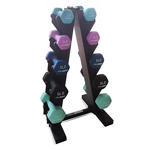 HolaHatha Neoprene Hexagon Dumbbell Set with Storage Rack, Blues, 56 Lbs
