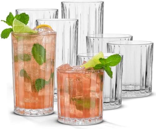JoyJolt Drinking Glasses Set of 8, Alina Ribbed Glassware. 12oz Rocks Glasses and 14oz Highball Glasses. Cocktail Glasses, Iced Coffee Cup or Water Glasses. Premium Art Deco Heavy Base Glassware Set