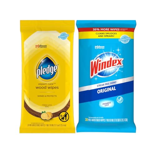 Image of Pledge Expert Care Wood Wipes & Windex Glass Cleaning Wipes Bundle, 24ct Lemon Scent Wood Wipes & 38ct Original Glass Wipes for Surface Cleaning