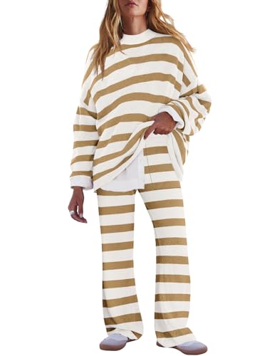 Image of LAMISSCHE Oversized Womens Lounge Set Striped Sweater Set Long Sleeve 2 Piece Pajama Set Top and Pants with Pockets