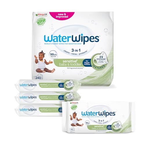 WaterWipes Sensitive+ Baby & Toddler Wipes, Toallitas Para Bebés y Niños Pequeños, 240 unidades (paquete de 4), 3 en 1 Limpia, Cuida, Protege, 99,9% Agua, Textura Limpia, Sin perfume