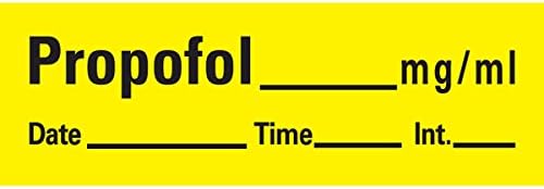 PDC Healthcare AN-27 Anesthesia Tape with Date, Time and Initial, Removable, Propofol mg/mL, 1" Core, 1/2" x 500", Imprints Yellow 333 (Pack of 1)