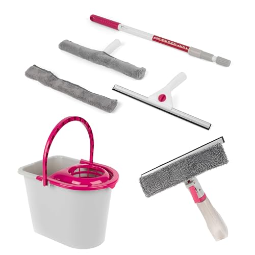 Kleeneze COMBO-5659 Spray Window Wiper, 2 in 1 Microfibre Window Cleaning Set and 14 Litre Bucket, Pink/Grey